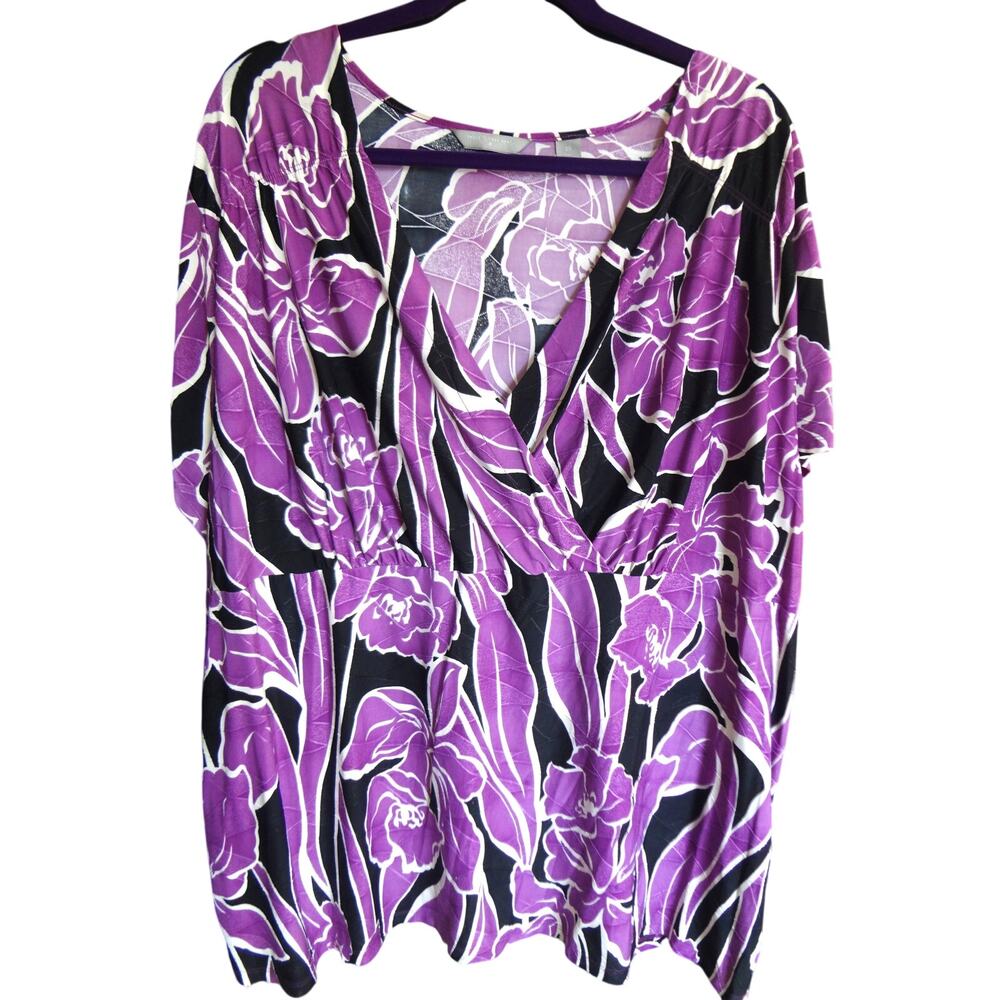 Investments Purple Black Floral Wrap Blouse Short Sleeve Tropical Plus 3X Summer